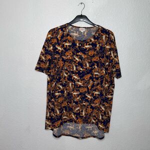 Woman’s LuLaRoe Navy and Orange Tigger Patterned Blouse Size M